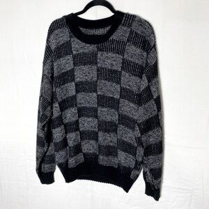 Vintage 90s Black Grey Checker Print Knit Crew Neck Dad Sweater XL